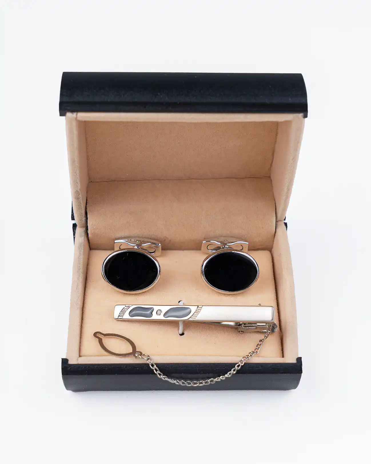 ست دکمه سردست وگیره کراوات نقره ای صیقلی